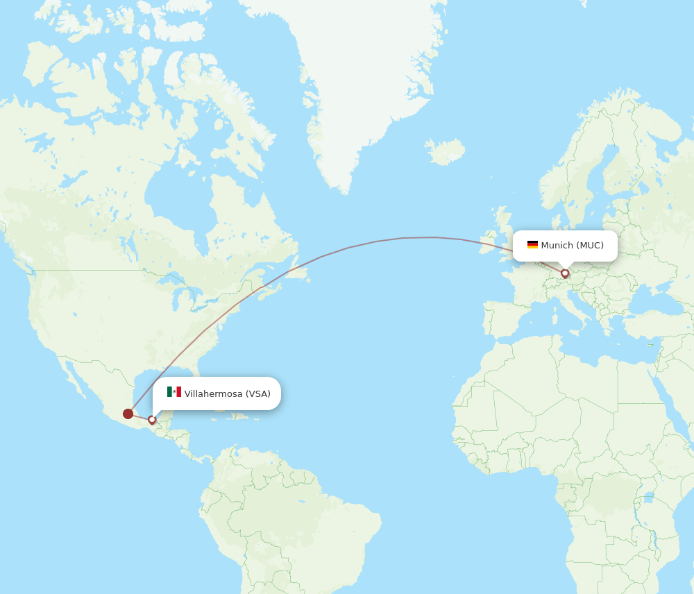 Munich - Villahermosa route map and flight paths
