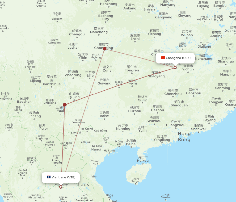 VTE to CSX flights and routes map