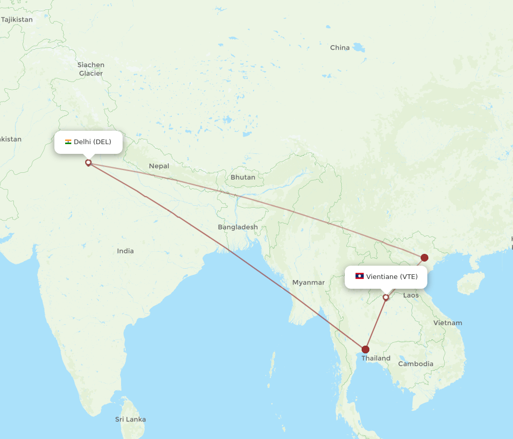 VTE to DEL flights and routes map