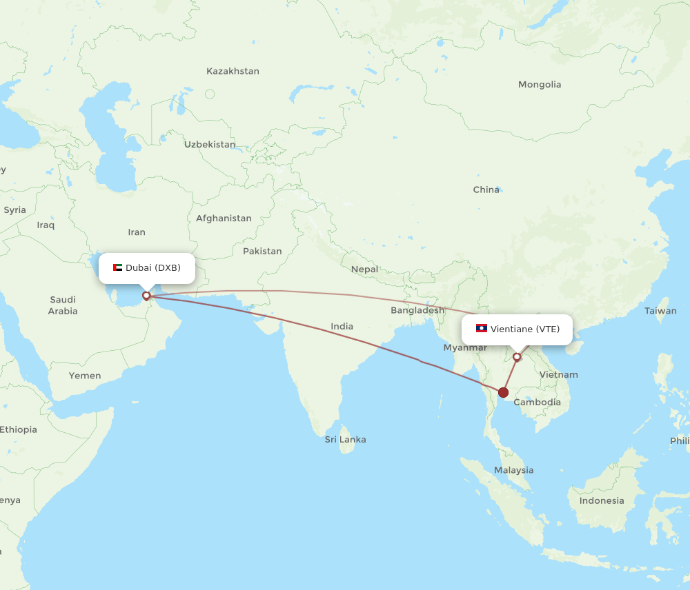 Dubai - Vientiane route map and flight paths