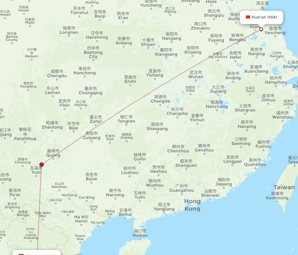 Vientiane - Huai'an route map and flight paths