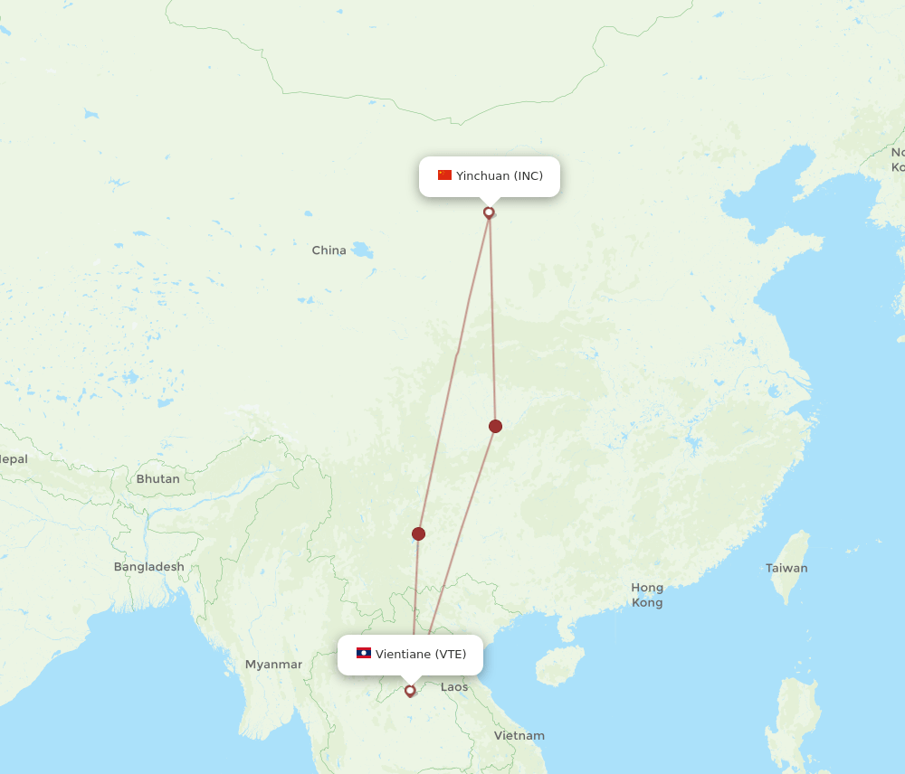 Vientiane - Yinchuan route map and flight paths