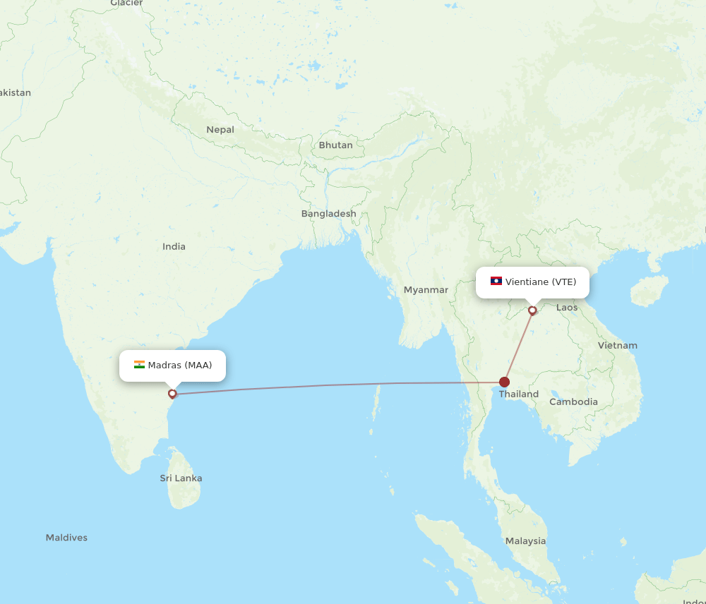 Chennai - Vientiane route map and flight paths