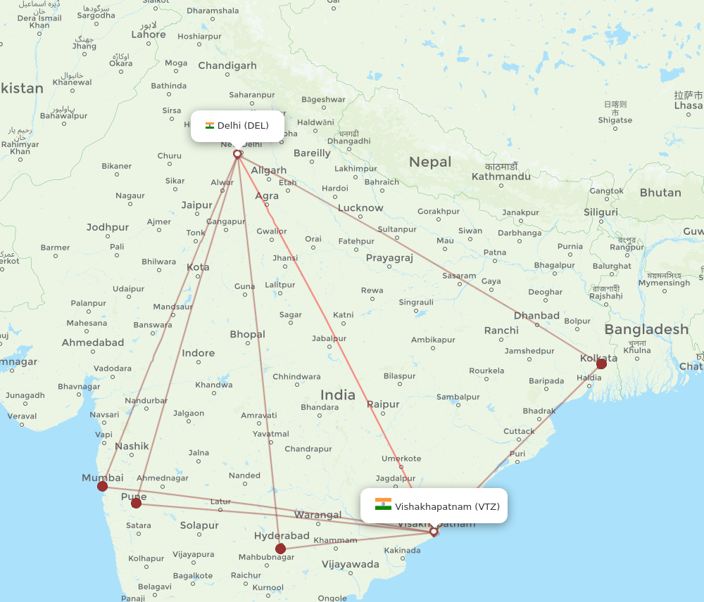 VTZ to DEL flights and routes map