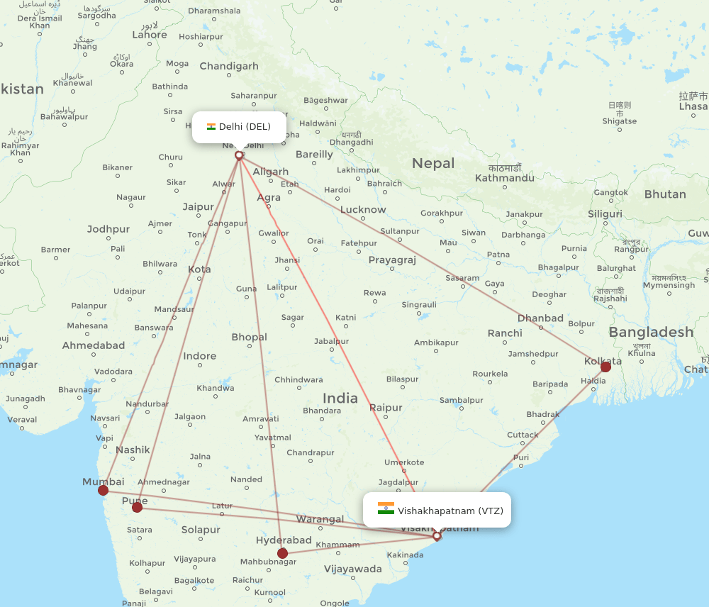 VTZ to DEL flights and routes map