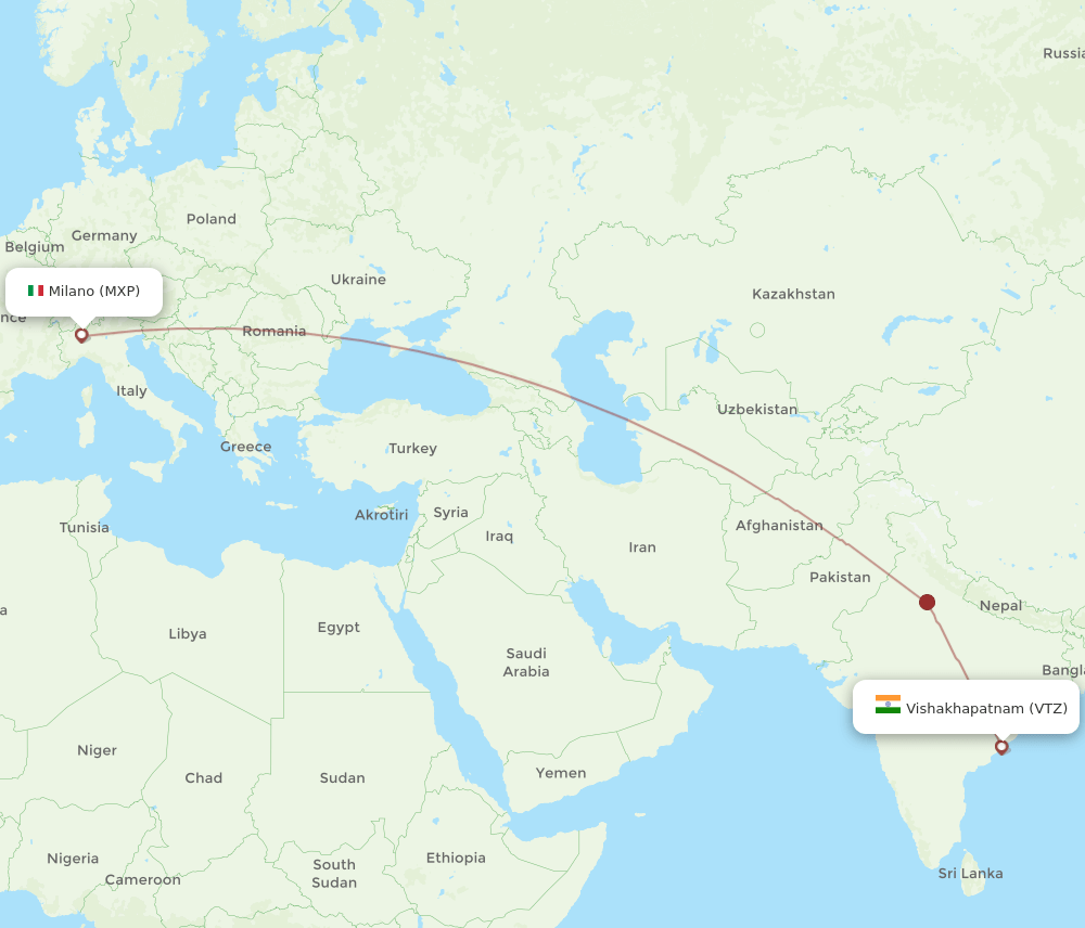 Milan - Vishakhapatnam route map and flight paths