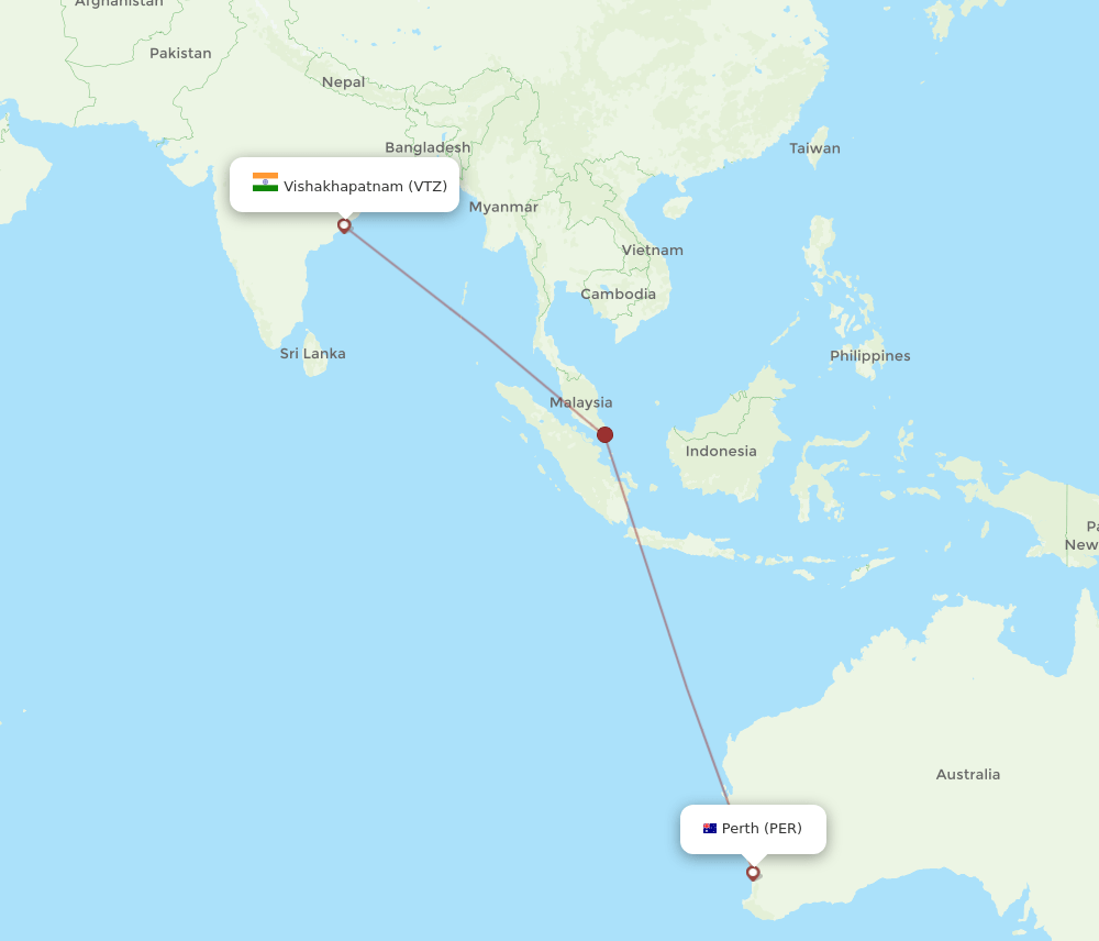 Perth - Vishakhapatnam route map and flight paths