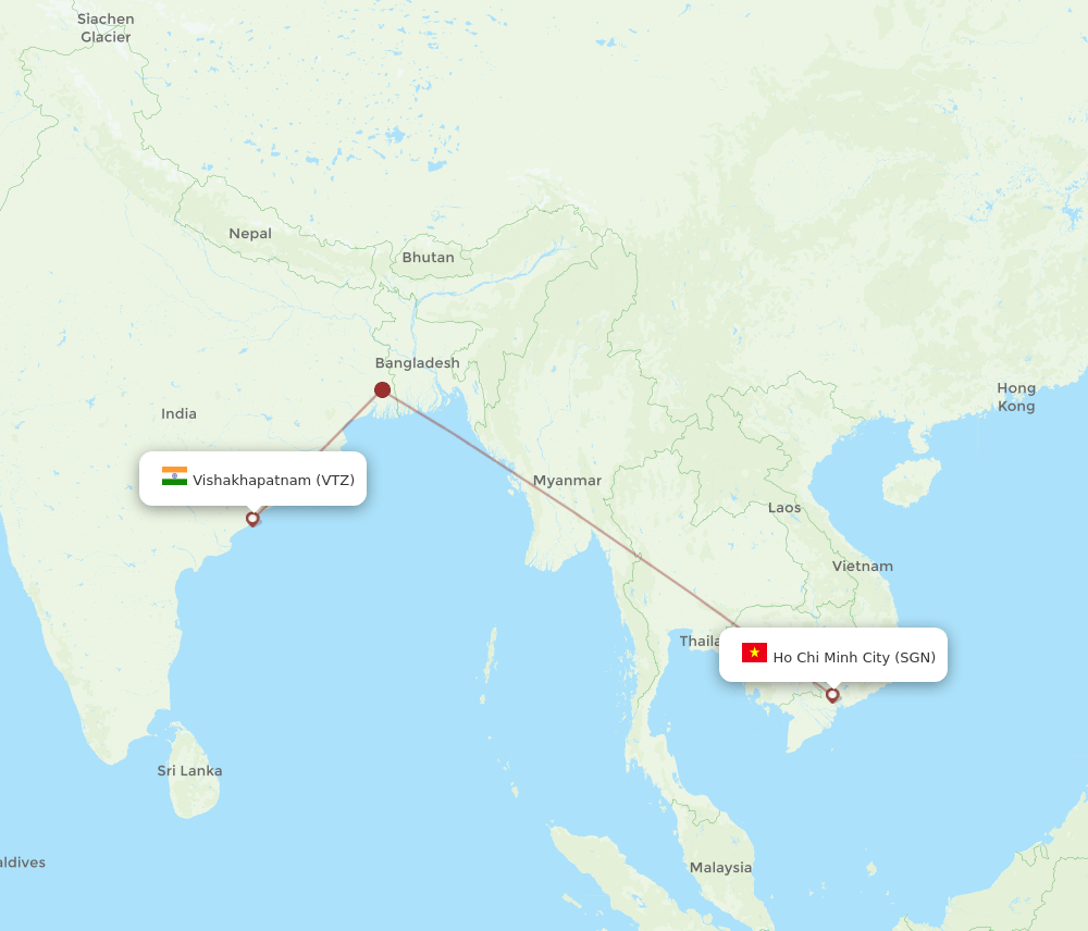 Ho Chi Minh City - Vishakhapatnam route map and flight paths
