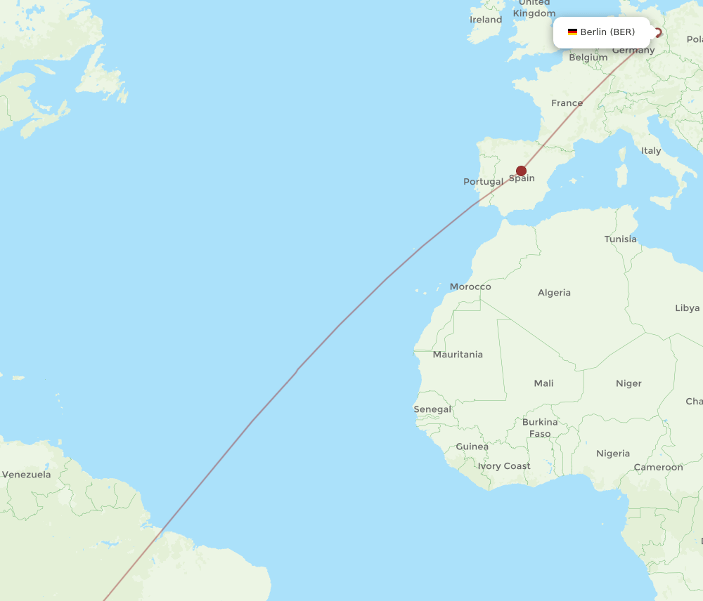 Berlin - Santa Cruz route map and flight paths