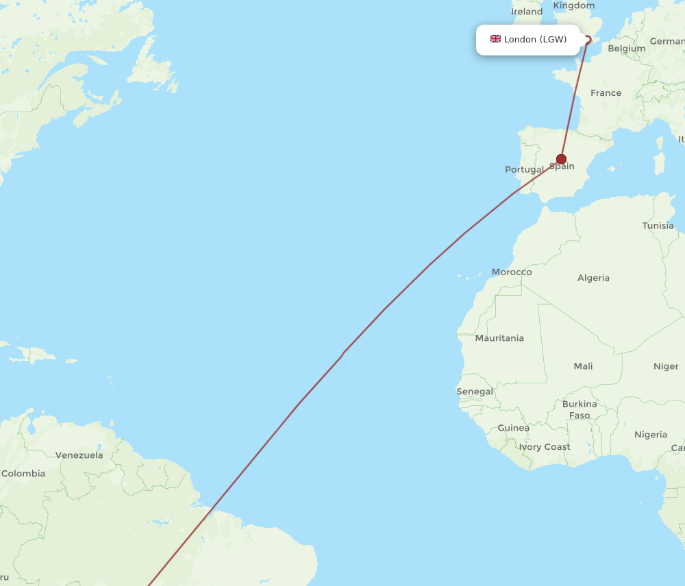 VVI-LGW flight routes