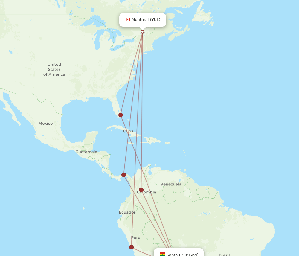 Montreal - Santa Cruz route map and flight paths