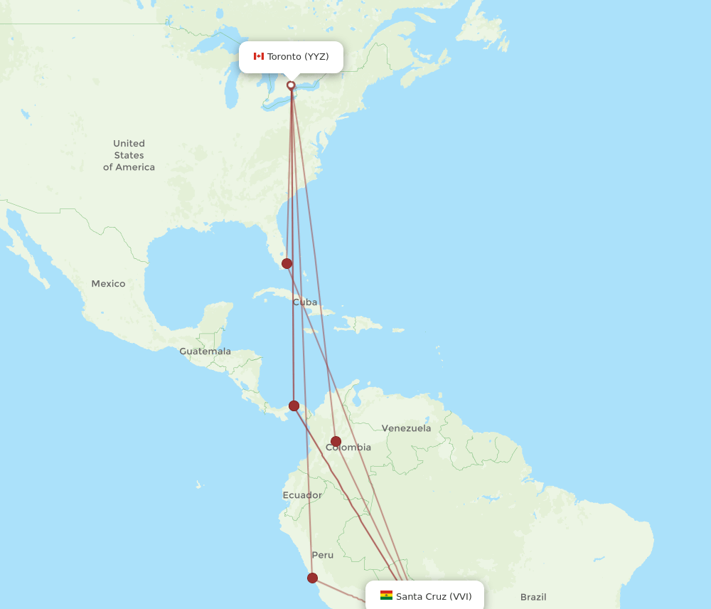 Toronto - Santa Cruz route map and flight paths
