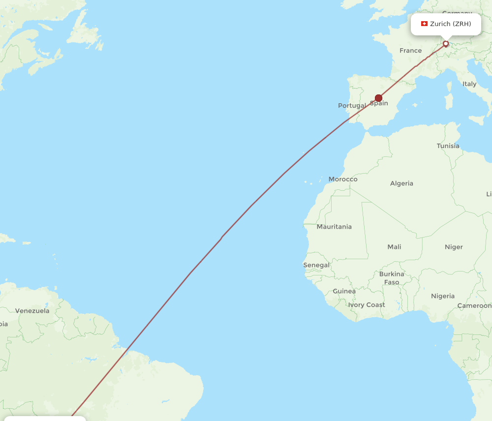 Zurich - Santa Cruz route map and flight paths