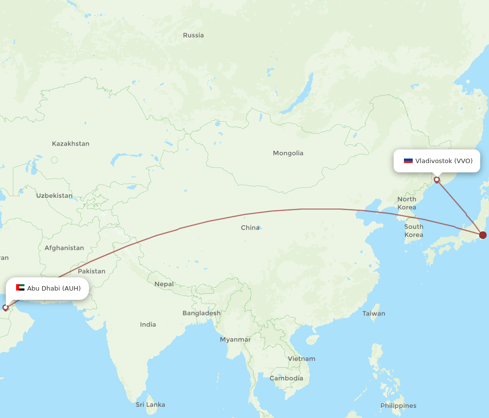 Abu Dhabi - Vladivostok route map and flight paths