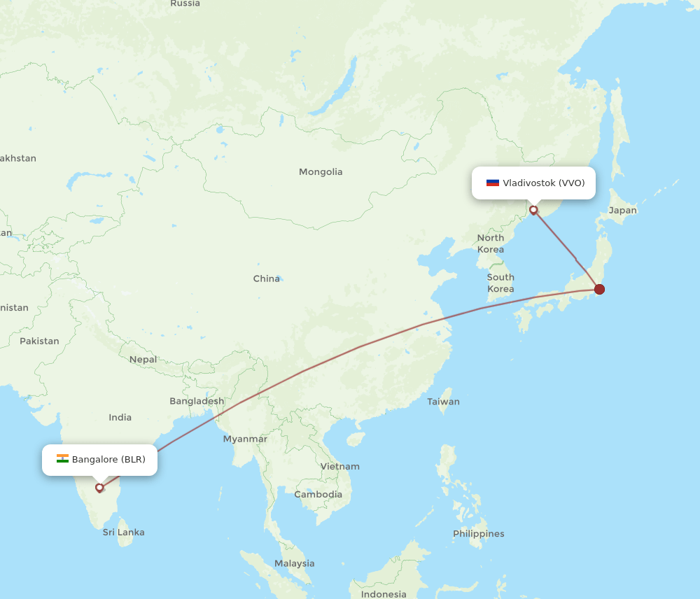 Bengaluru - Vladivostok route map and flight paths