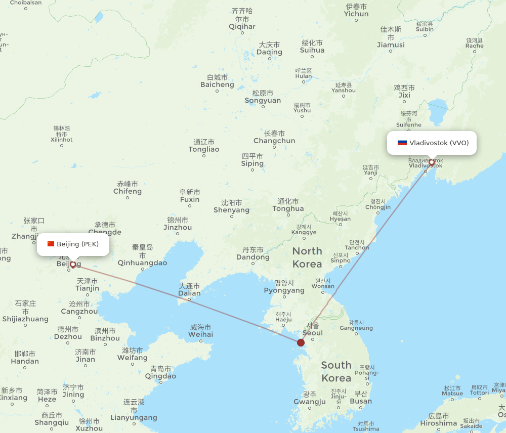 Beijing - Vladivostok route map and flight paths