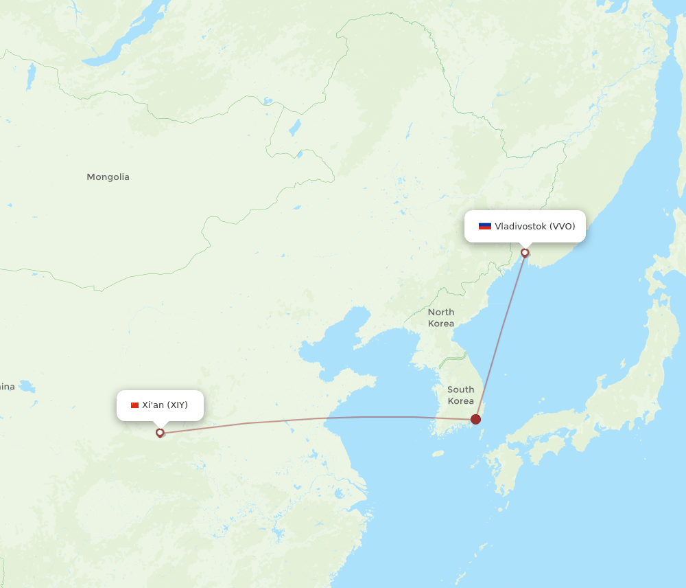 Xian - Vladivostok route map and flight paths