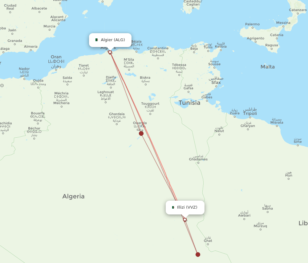Illizi - Algiers route map and flight paths