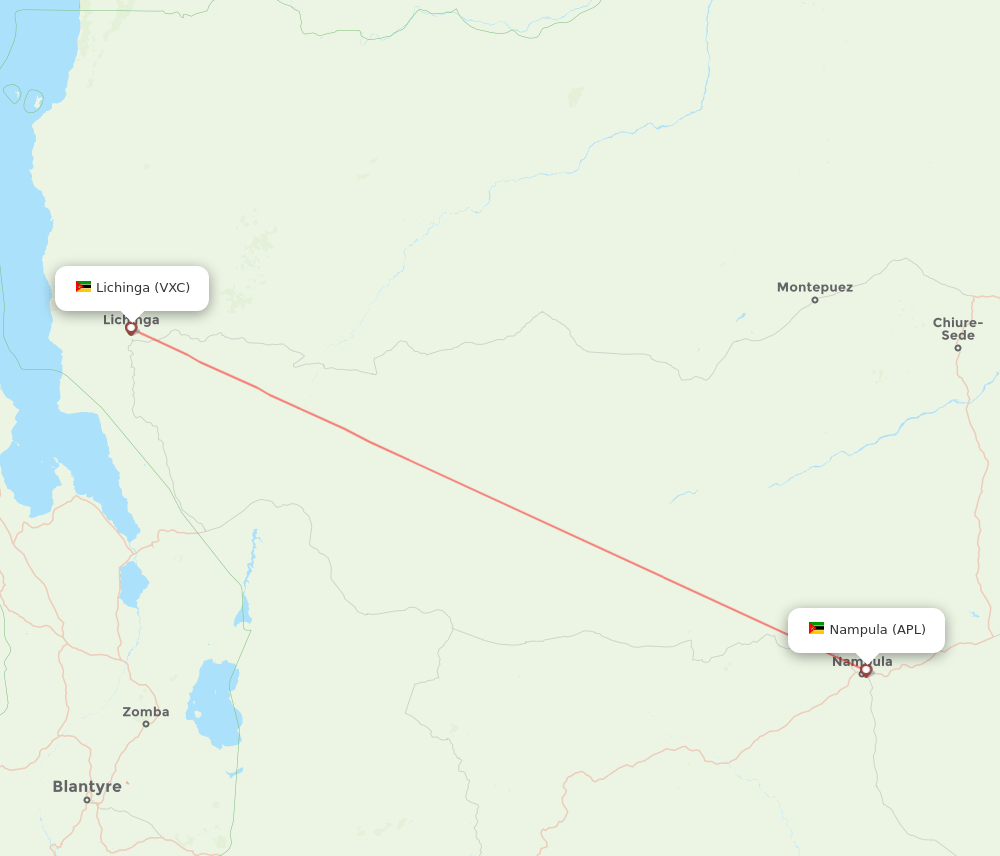 Lichinga - Nampula route map and flight paths