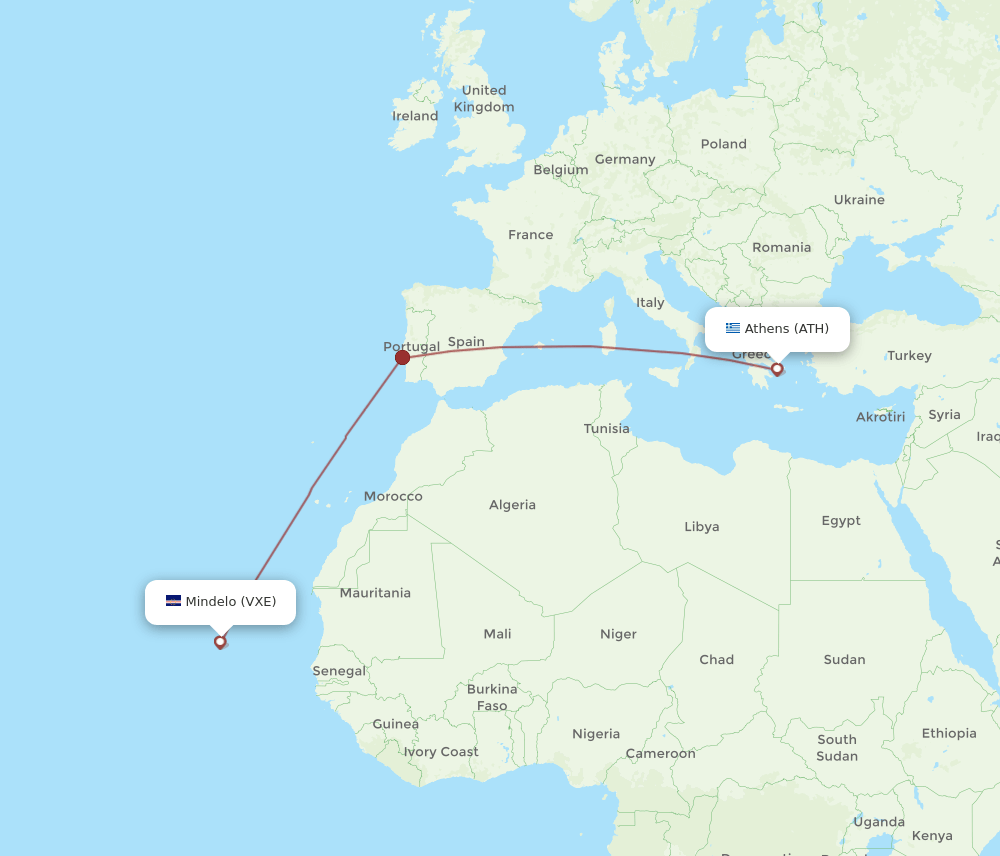 Athens - Sao Vicente route map and flight paths