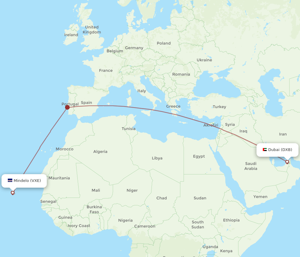 Dubai - Sao Vicente route map and flight paths