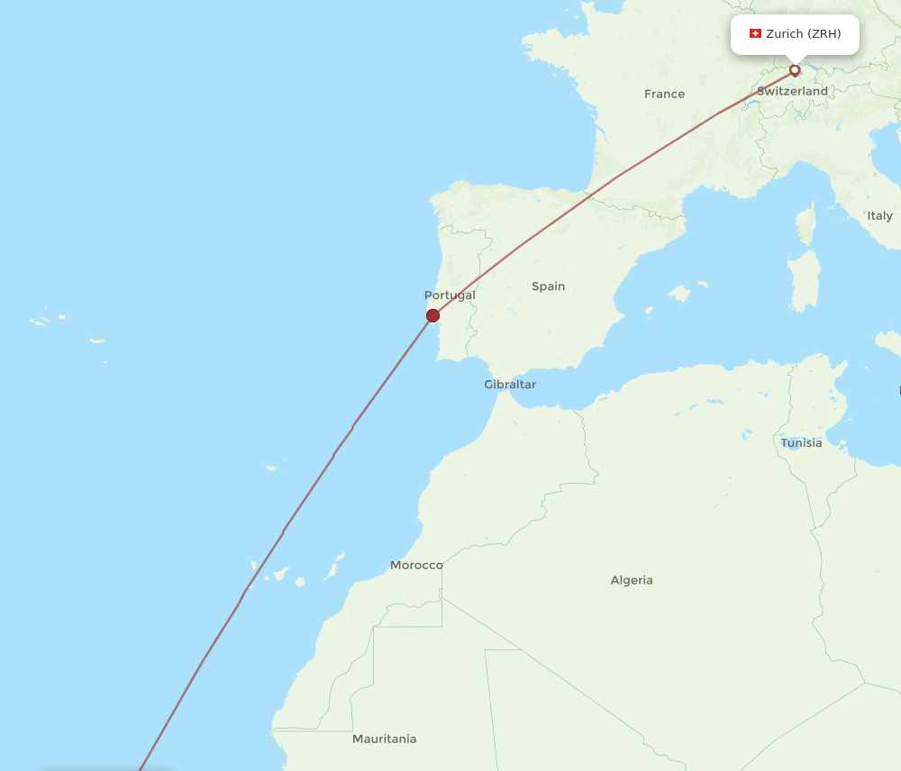 Zurich - Sao Vicente route map and flight paths