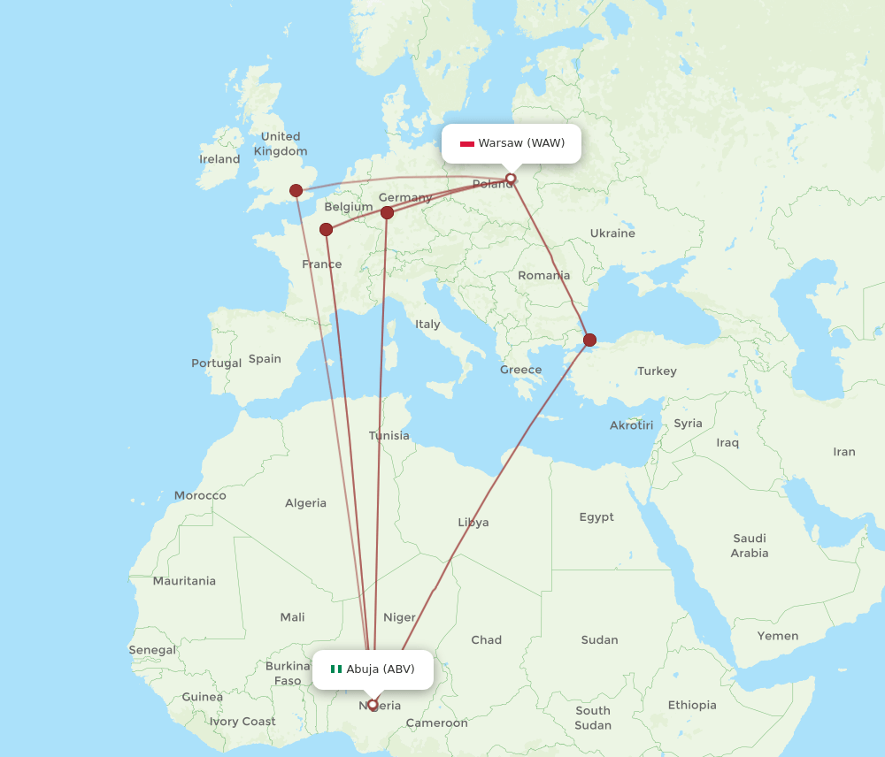 WAW-ABV flight routes