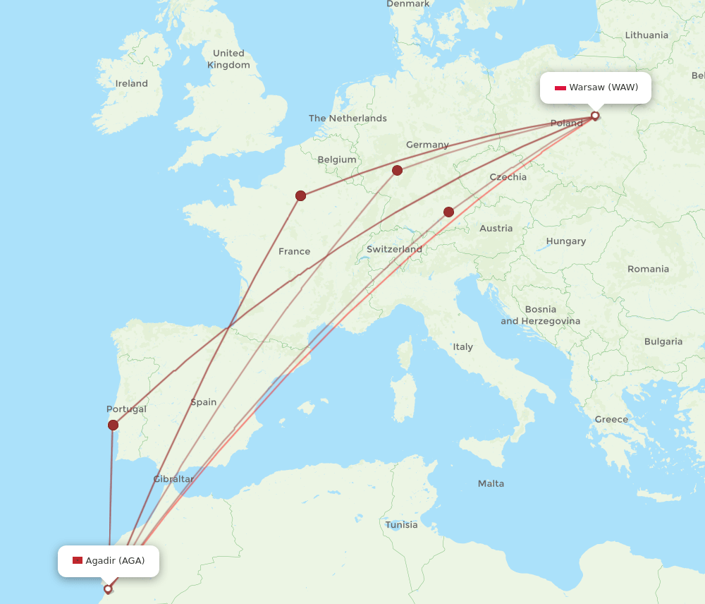 WAW-AGA flight routes