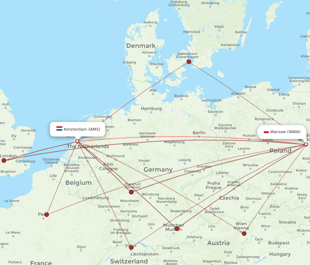 WAW to AMS flights and routes map