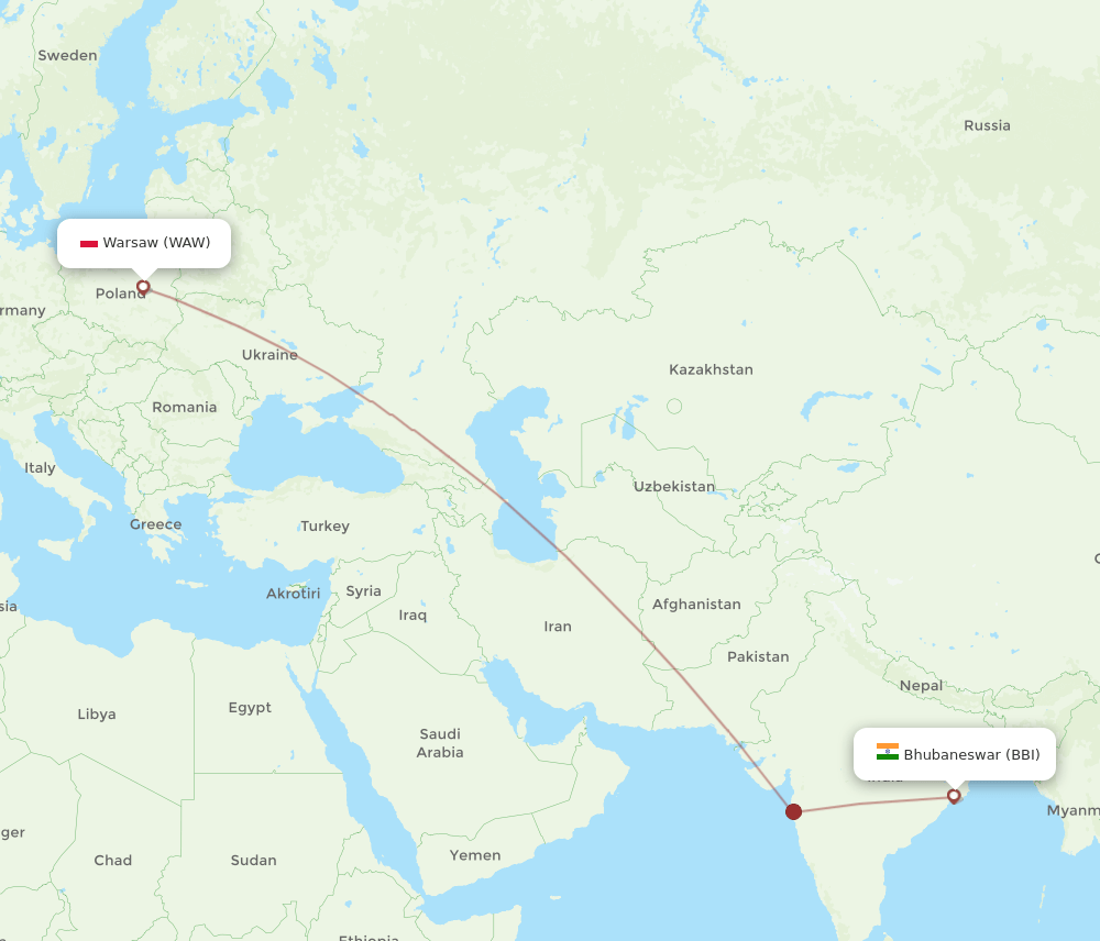 Bhubaneswar - Warsaw route map and flight paths