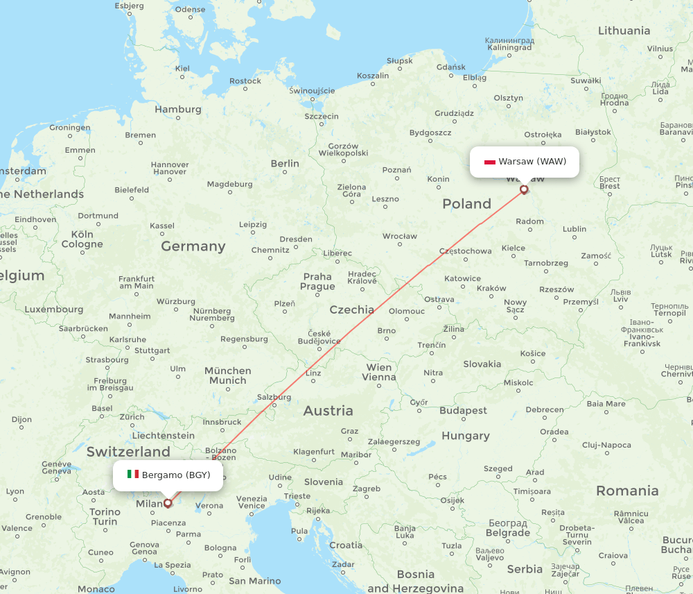 Warsaw - Milan route map and flight paths