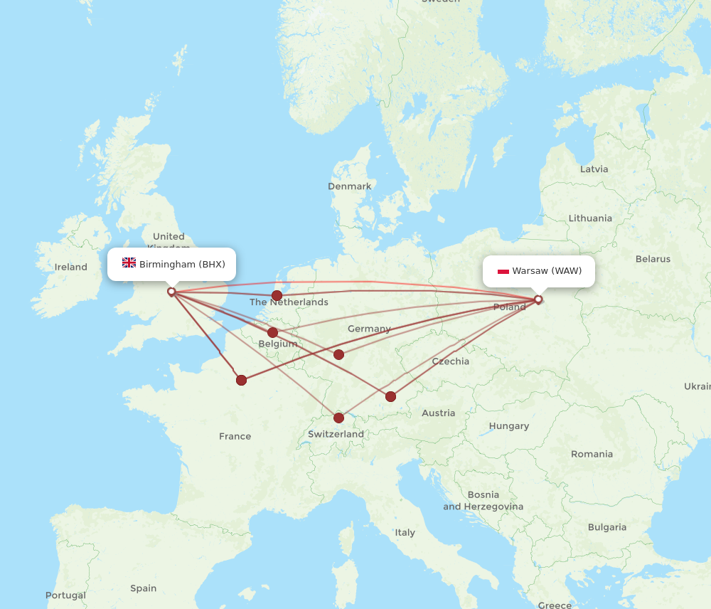 WAW to BHX flights and routes map