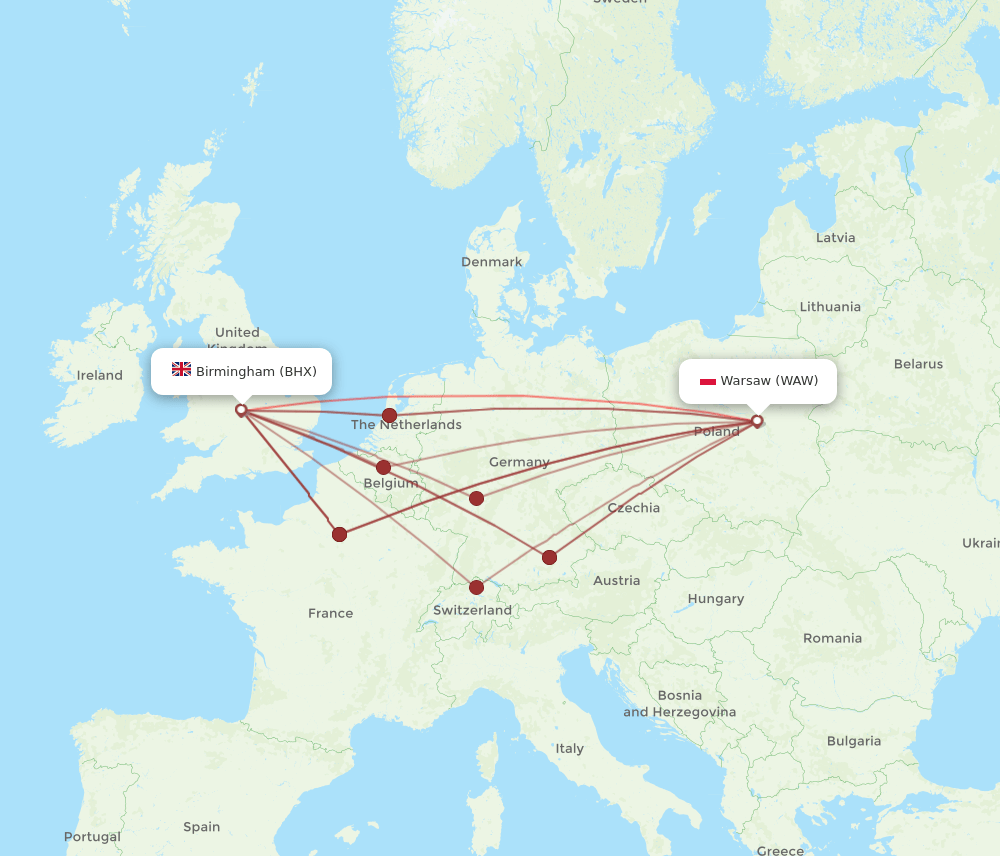 WAW-BHX flight routes