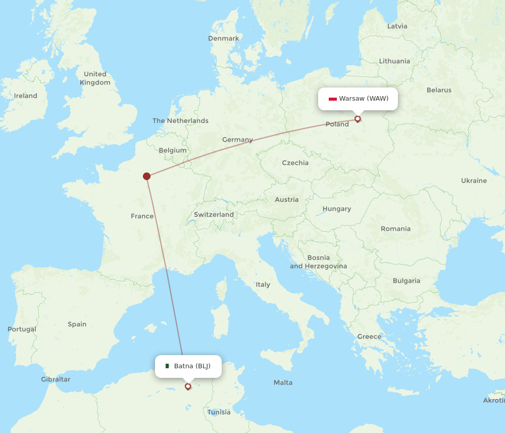 Batna - Warsaw route map and flight paths