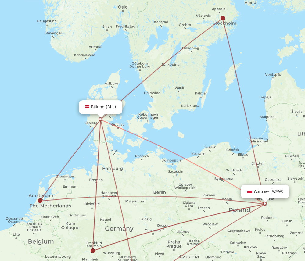 WAW to BLL flights and routes map