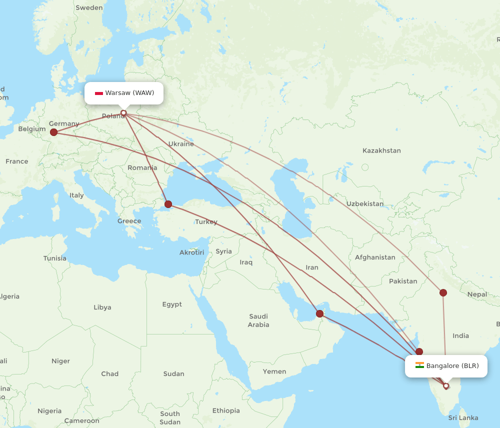 WAW to BLR flights and routes map