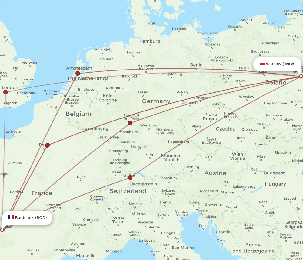 WAW to BOD flights and routes map
