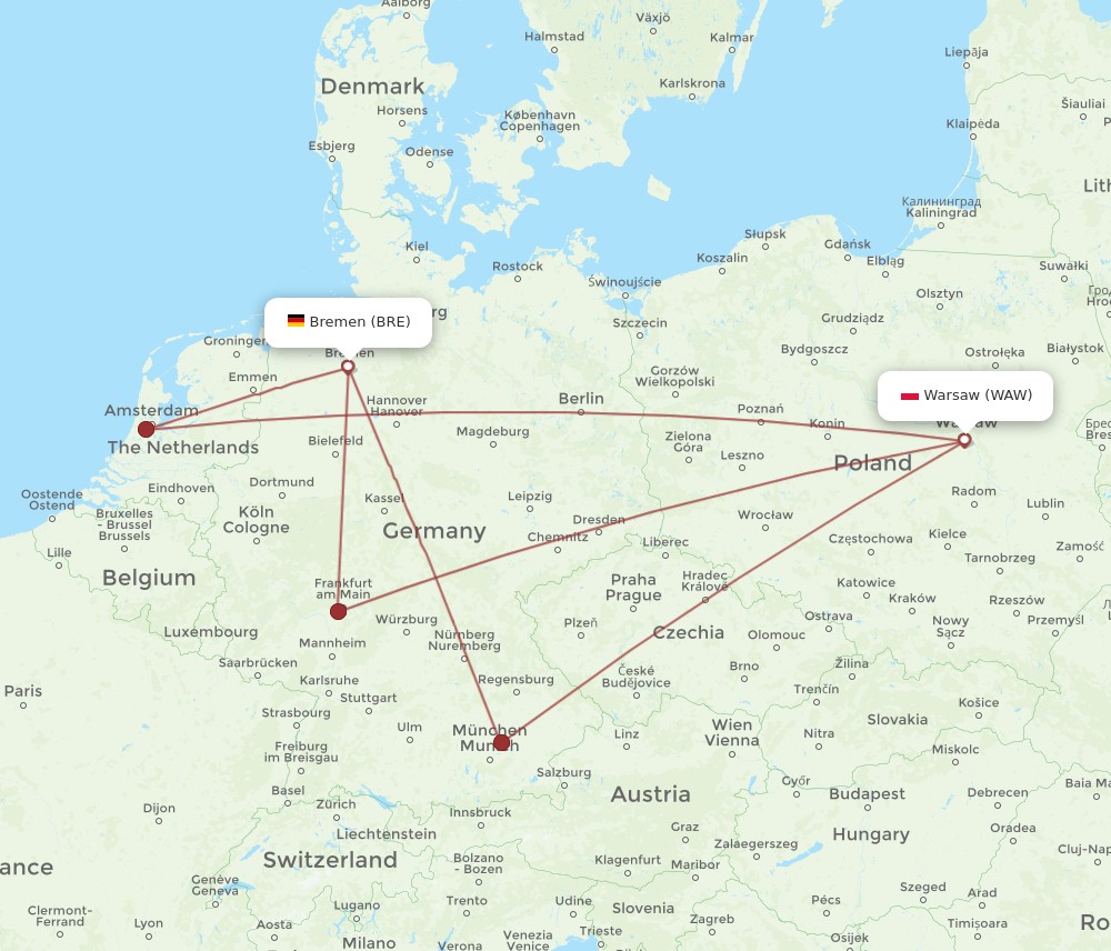 WAW to BRE flights and routes map