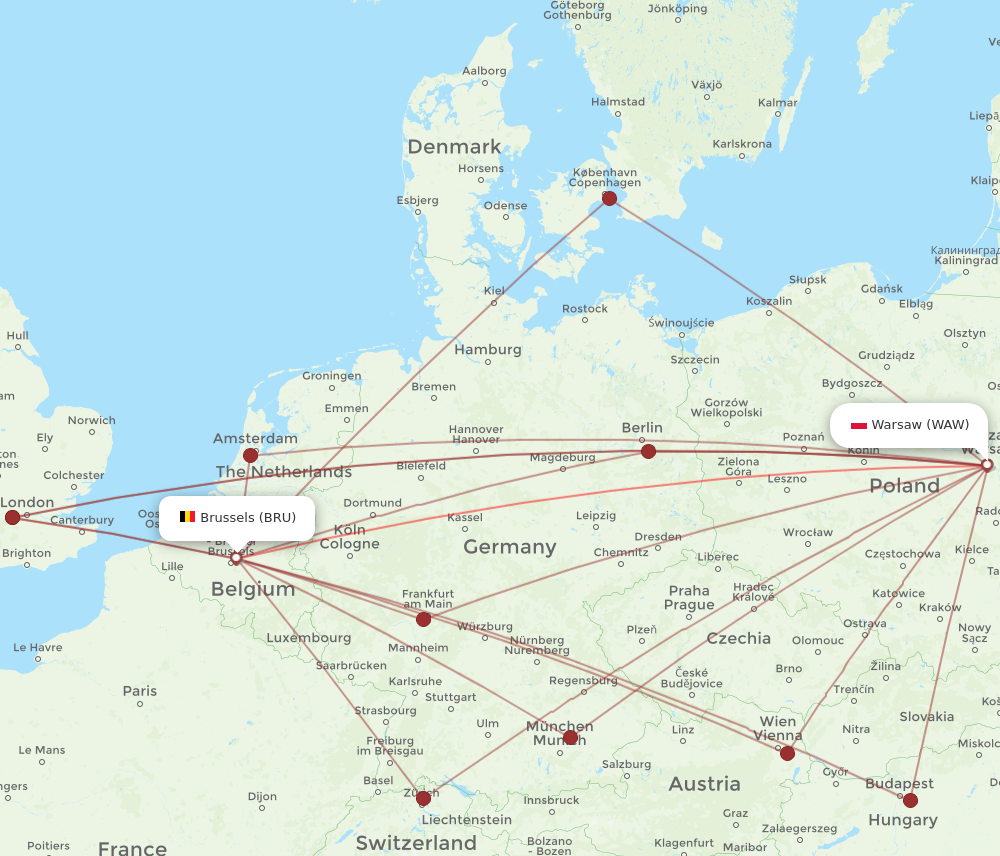 WAW to BRU flights and routes map