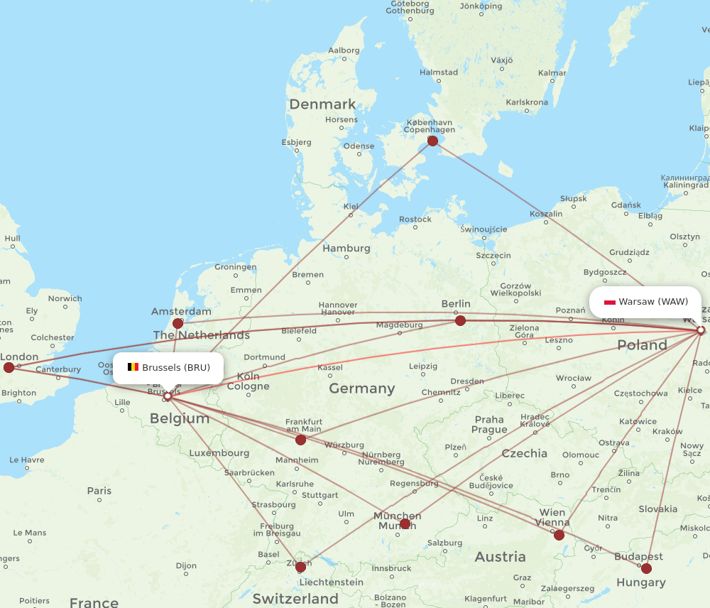 WAW to BRU flights and routes map