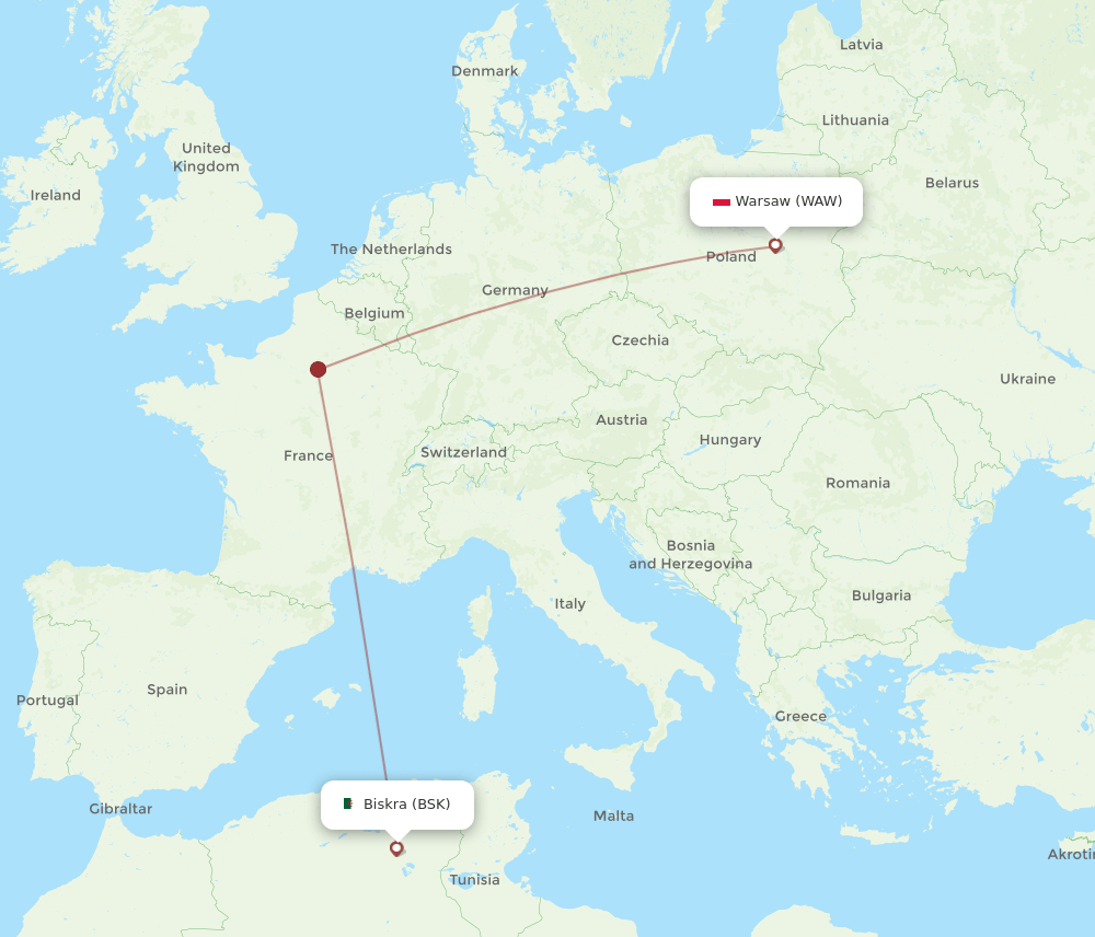 BSK to WAW flights and routes map