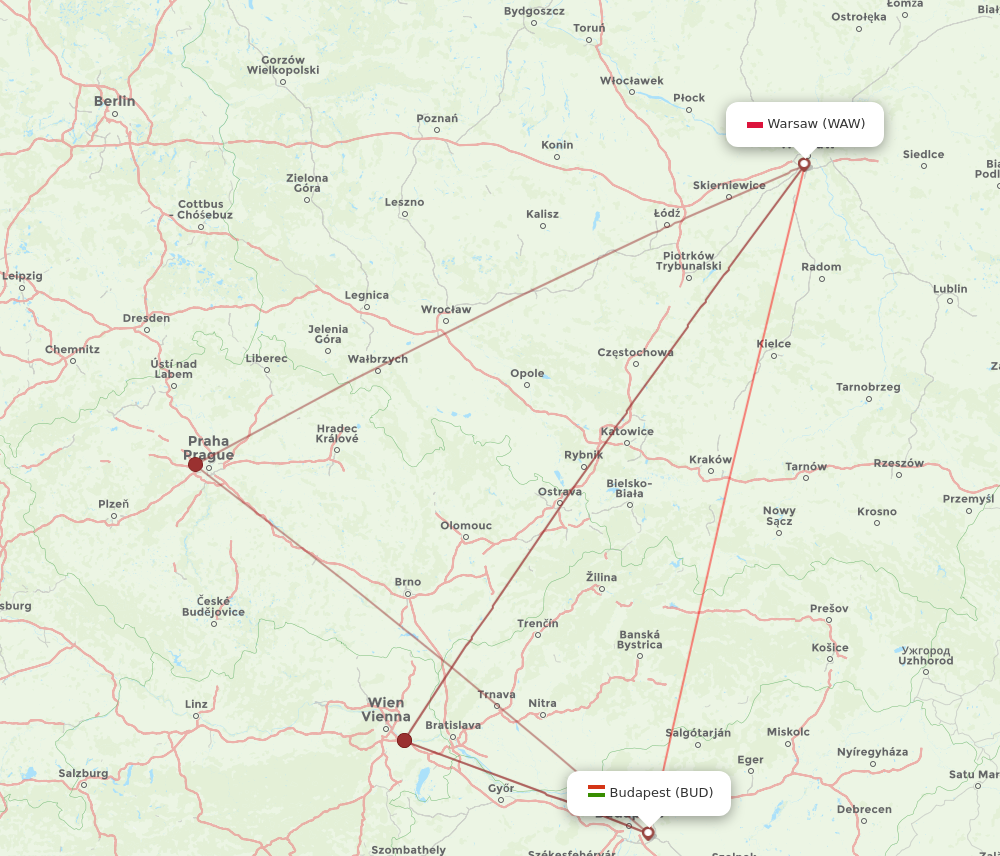 WAW to BUD flights and routes map