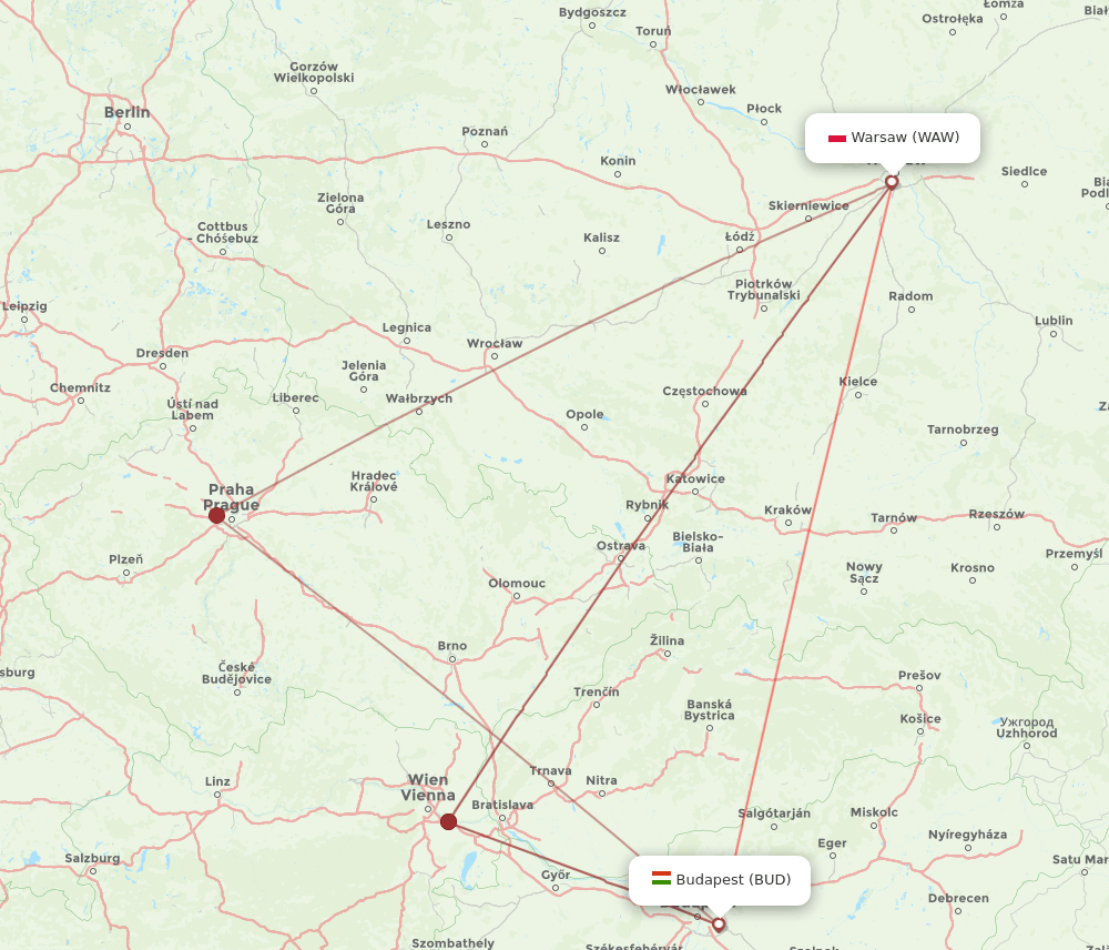 WAW to BUD flights and routes map