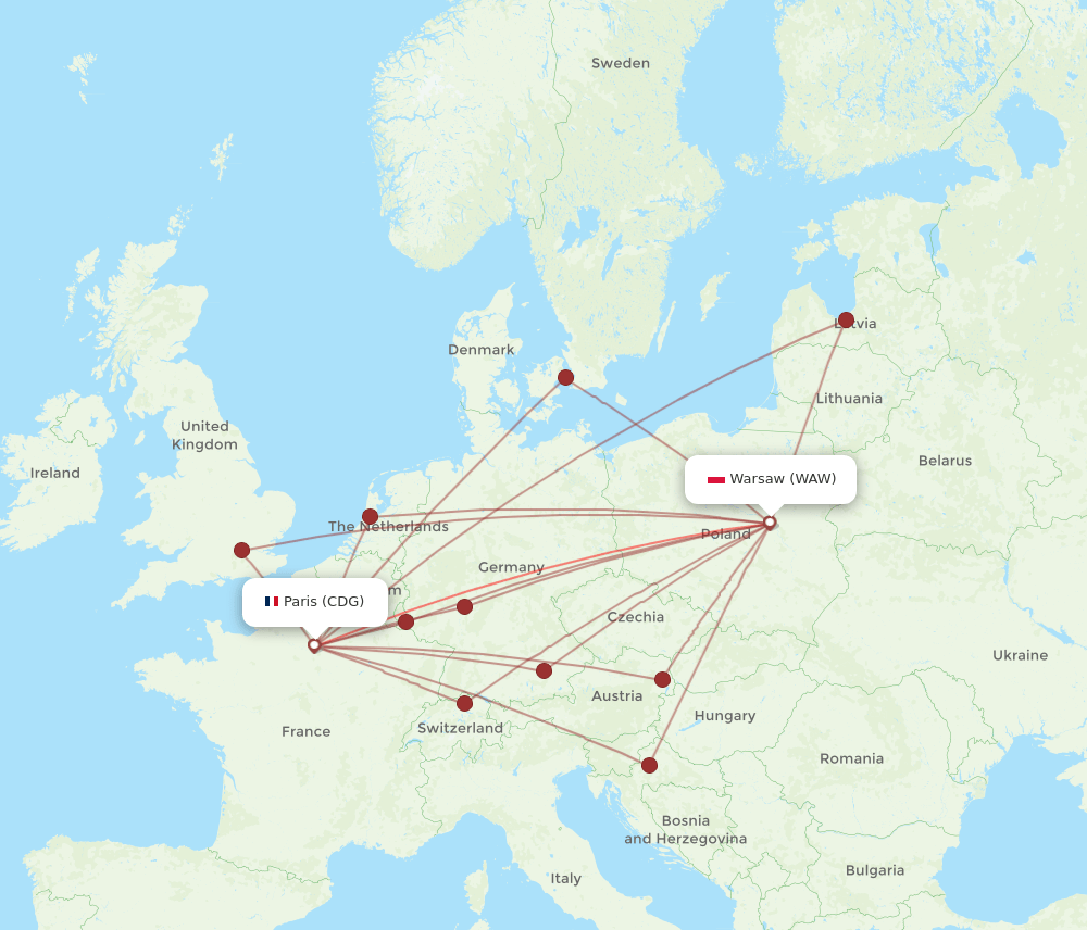 WAW to CDG flights and routes map