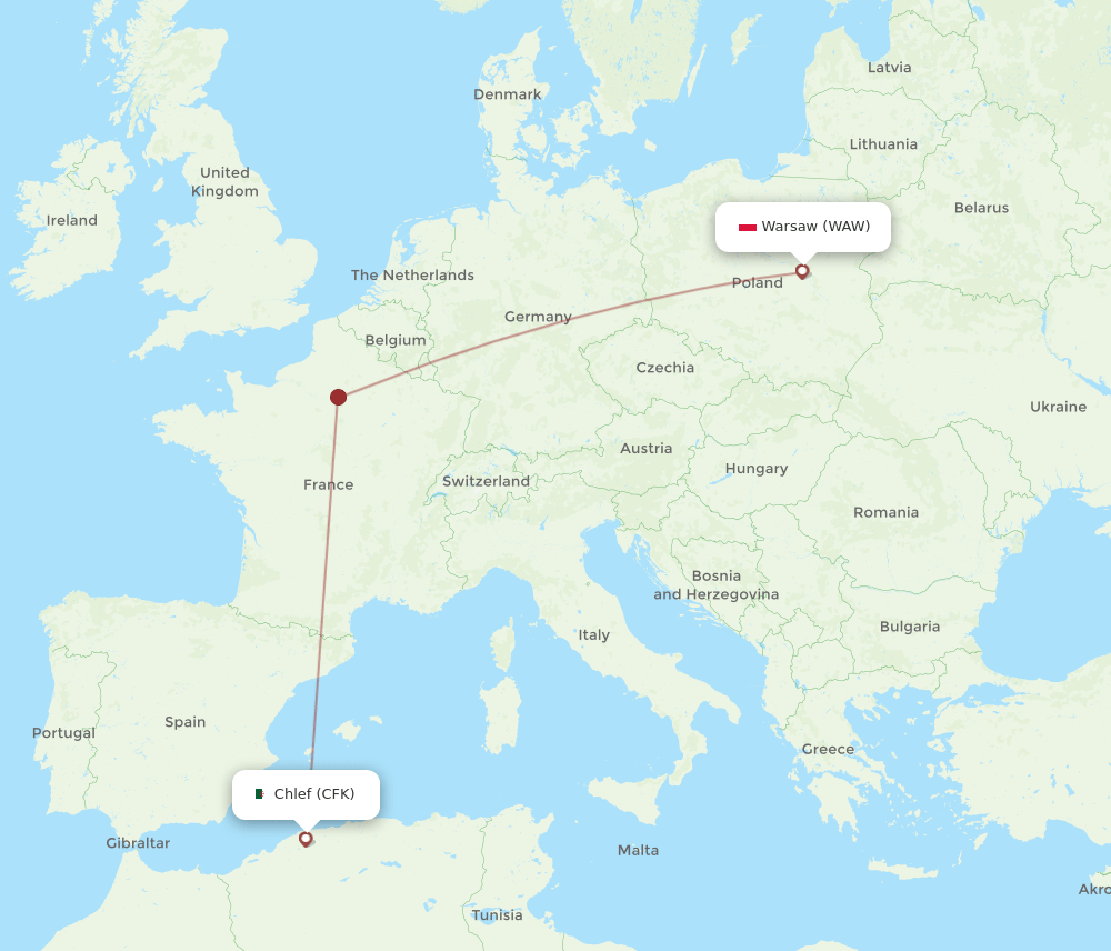 Chlef - Warsaw route map and flight paths