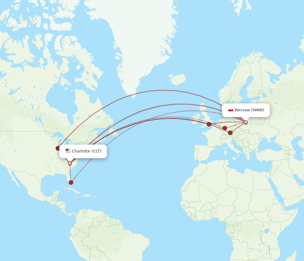 WAW-CLT flight routes