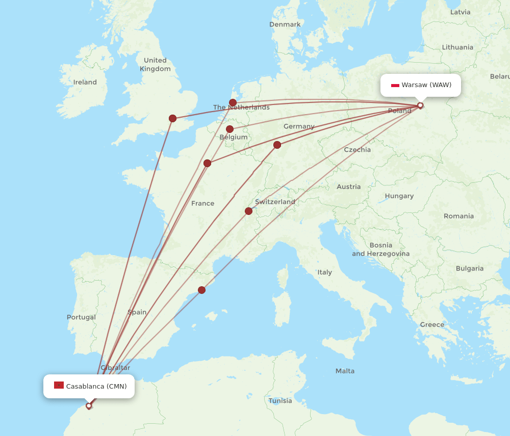 WAW to CMN flights and routes map