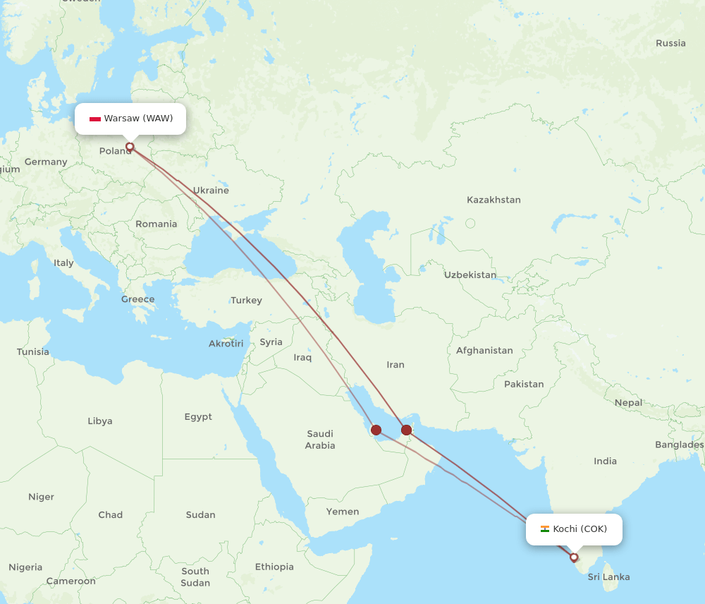 WAW to COK flights and routes map