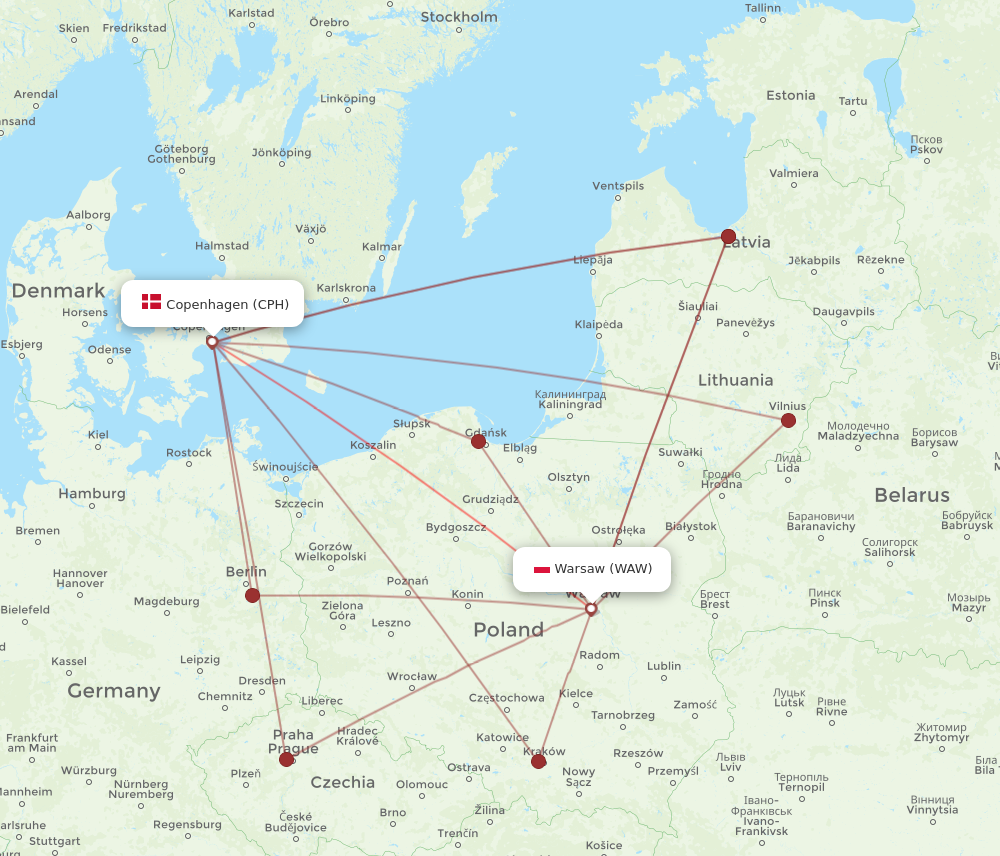 WAW to CPH flights and routes map