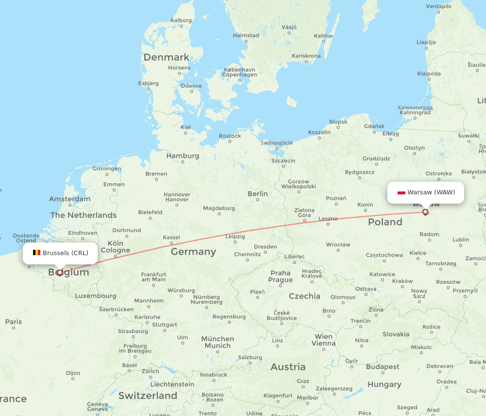 Warsaw - Brussels route map and flight paths
